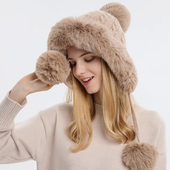 Faux fur trimmed & pom pom knit Hat winter Pink, black, cream, tan or gray - Picture 1 of 15